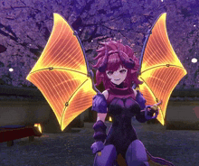 a video game character with purple and orange wings is standing in front of a cherry blossom tree