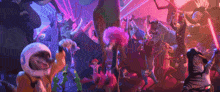 a group of animals are dancing in a room with a purple background