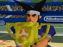 a tennis player holds a trophy in front of a nintendo sign