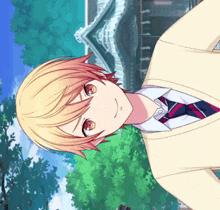 a boy with blonde hair and red eyes is wearing a tie and sweater