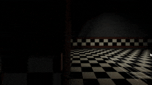 a room with a checkered floor and a door