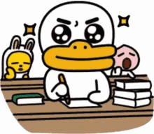 a cartoon duck is sitting at a desk with a stack of books and a rabbit behind him .