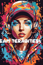 a colorful painting of a woman wearing headphones and a baseball cap