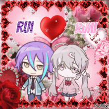 rui and rumi are standing next to each other with a heart in the background