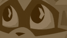 a close up of a cartoon raccoon 's face with a sad look on its face .