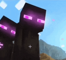 a couple of minecraft characters with purple eyes are standing next to each other in front of a blue sky .