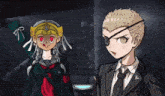 a man in a suit and a girl in a sailor suit are standing next to each other .