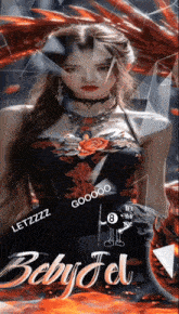 a woman in a black dress with the word baby on the bottom right
