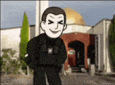a cartoon of a police officer standing in front of a building with his eyes closed