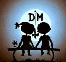 a boy and a girl are sitting on a bench in front of a full moon .