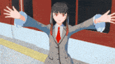 a cartoon girl with her arms outstretched in front of a train