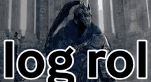 a video game character is standing in front of a building with the words logrol written in white letters