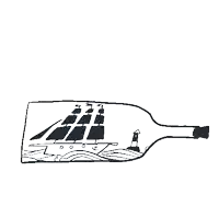 a black and white drawing of a ship in a bottle with waves and a lighthouse