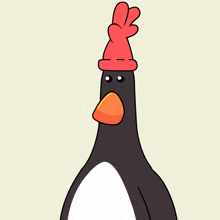 a cartoon penguin is wearing a red hat and glove