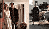 a man and a woman are standing next to a dog and a woman is walking down the street .