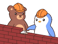 a teddy bear and a penguin are building a wall