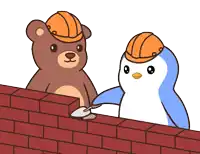 a teddy bear and a penguin are building a wall