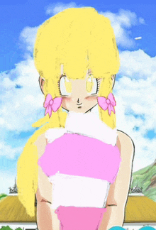 a drawing of a girl with blonde hair wearing a pink and white striped top