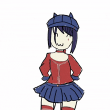 a drawing of a girl wearing a blue hat and a red shirt