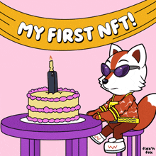 a cartoon of a fox sitting at a table with a birthday cake and a banner that says my first nft