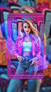 a woman wearing headphones and a pink jacket is standing in front of a wall with graffiti on it .