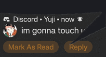 a screenshot of a discord conversation between yuji and mark as read and reply