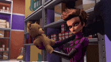 a cartoon character holding a teddy bear in a warehouse