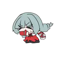 a cartoon drawing of a girl holding a red cup in her hand