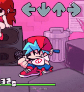 a cartoon character is holding a microphone with a score of 159-896