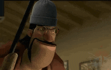 a cartoon character with glasses and a beanie is holding a gun
