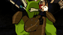 a cartoon drawing of a green monster with a shield on his chest