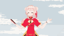 a girl with pink hair is wearing a red and gold dress