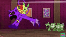 a cartoon of a purple cat holding a rabbit and a dog