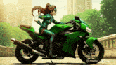 a woman is riding a green motorcycle with the words minimx on the bottom