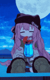 a cartoon girl with pink hair is holding a blue cup
