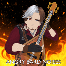 angry bard noises shows a man holding a guitar in front of flames