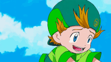 a cartoon of a boy wearing a green hat with the letter a on it