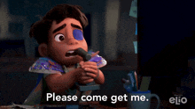 a cartoon character is sitting at a desk and says " please come get me "