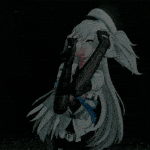 a girl with long white hair and black gloves is making a face