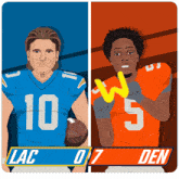 a cartoon of two football players with lac 07 den written on the bottom
