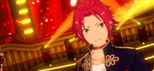 a cartoon character with red hair and green eyes is standing in front of a stage with a lot of lights .