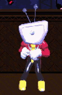 a pixel art of a robot with a red shirt and yellow shoes is dancing .