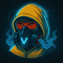 an illustration of a person wearing a gas mask and headphones with the letter v on it