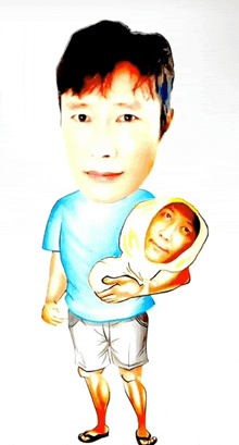 a cartoon of a man holding a baby with his face on it