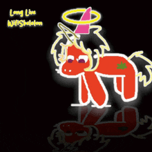 a drawing of a red pony with a halo on its head