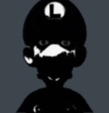a silhouette of a cartoon character with a l on his hat and a mustache .