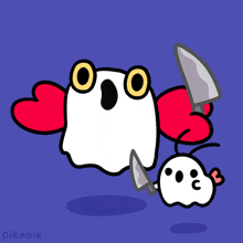 a cartoon of a ghost holding a knife and a smaller ghost holding a knife
