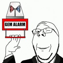 a cartoon man is holding up a gem alarm