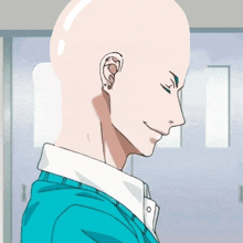 a drawing of a man with a bald head wearing a blue shirt