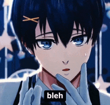 a close up of a person 's face with the word bleh on the bottom right